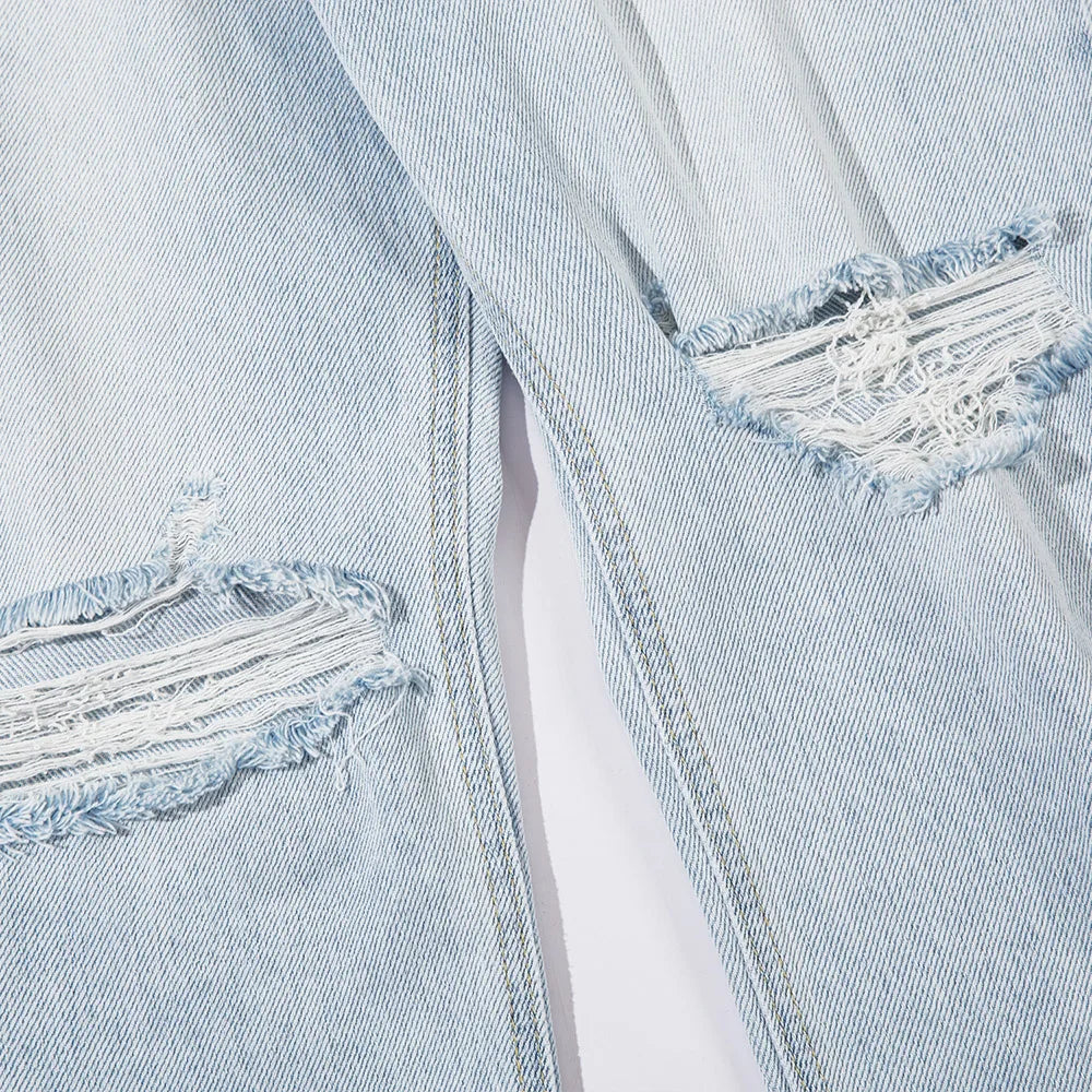 Washed Ripped Straight Denim Jeans