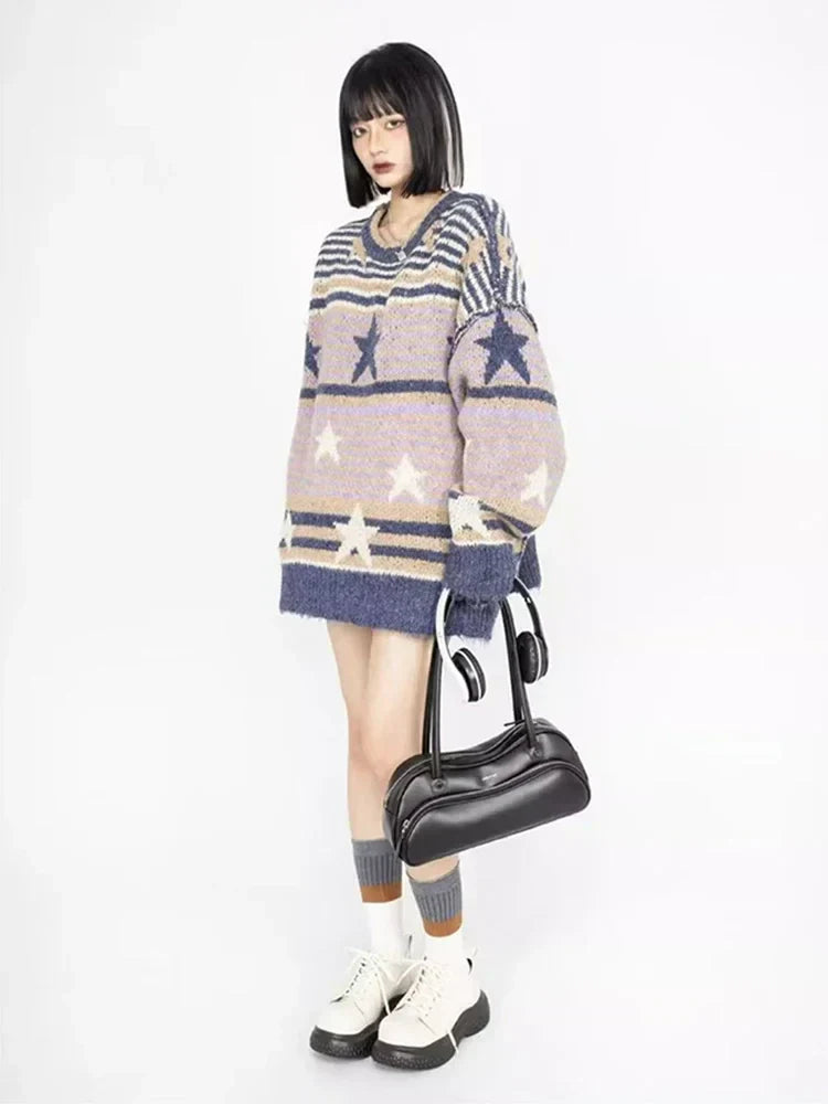 Y2K Starry Strips Oversized Sweater