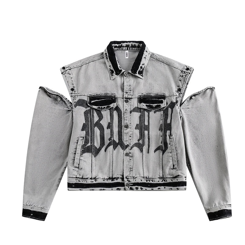 Washed Gray Oversize Letter Work Denim Jacket