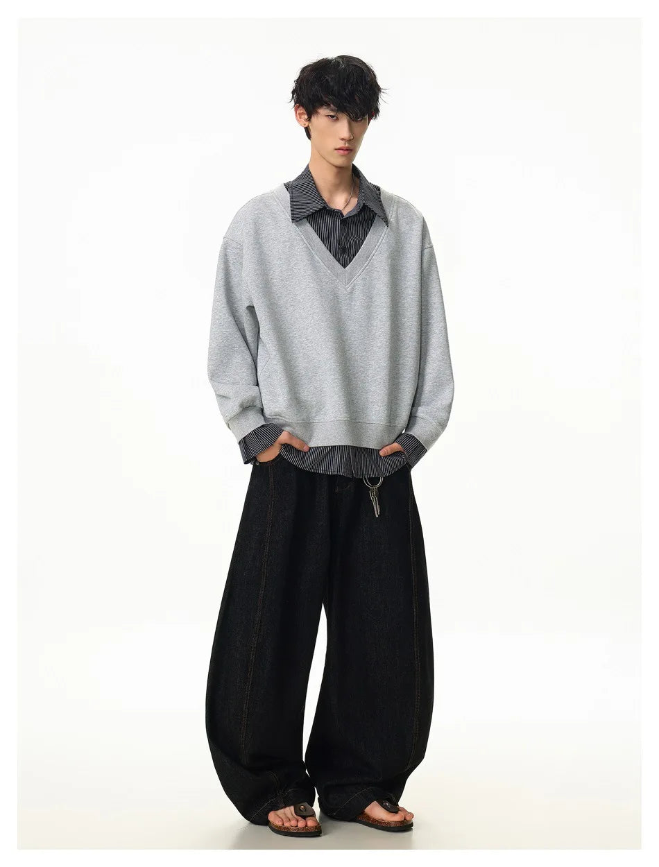 Flattering Casual Loose Striped Polo Sweatshirt