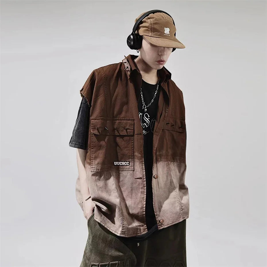 Rivet Design Gradient Sleeveless Denim Jacket