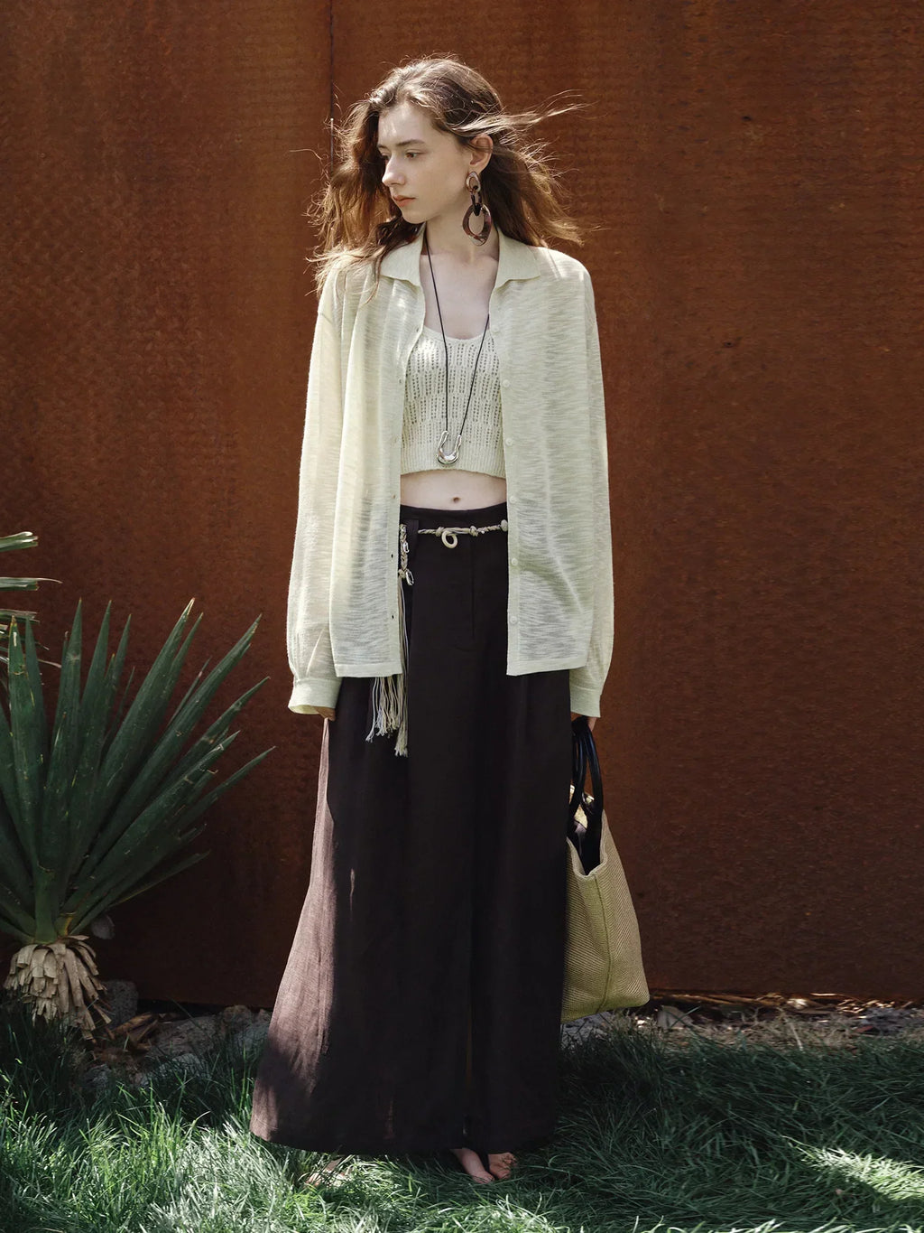 Women Classic Retro Soft Bamboo Linen Knitted Cardigan