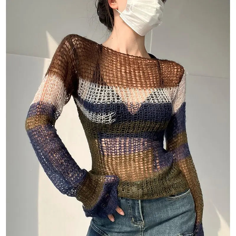 Contrasting Colors Hollow Backless Striped Sweater