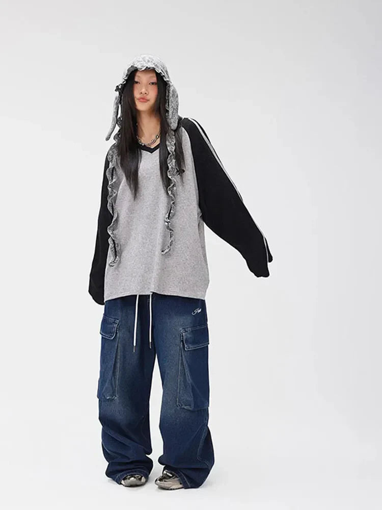 Black and Gray Contrast Color Long Sweatshirt