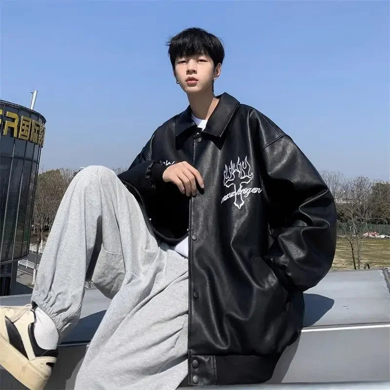 Vintage Embroidered PU Baseball Leather Jacket
