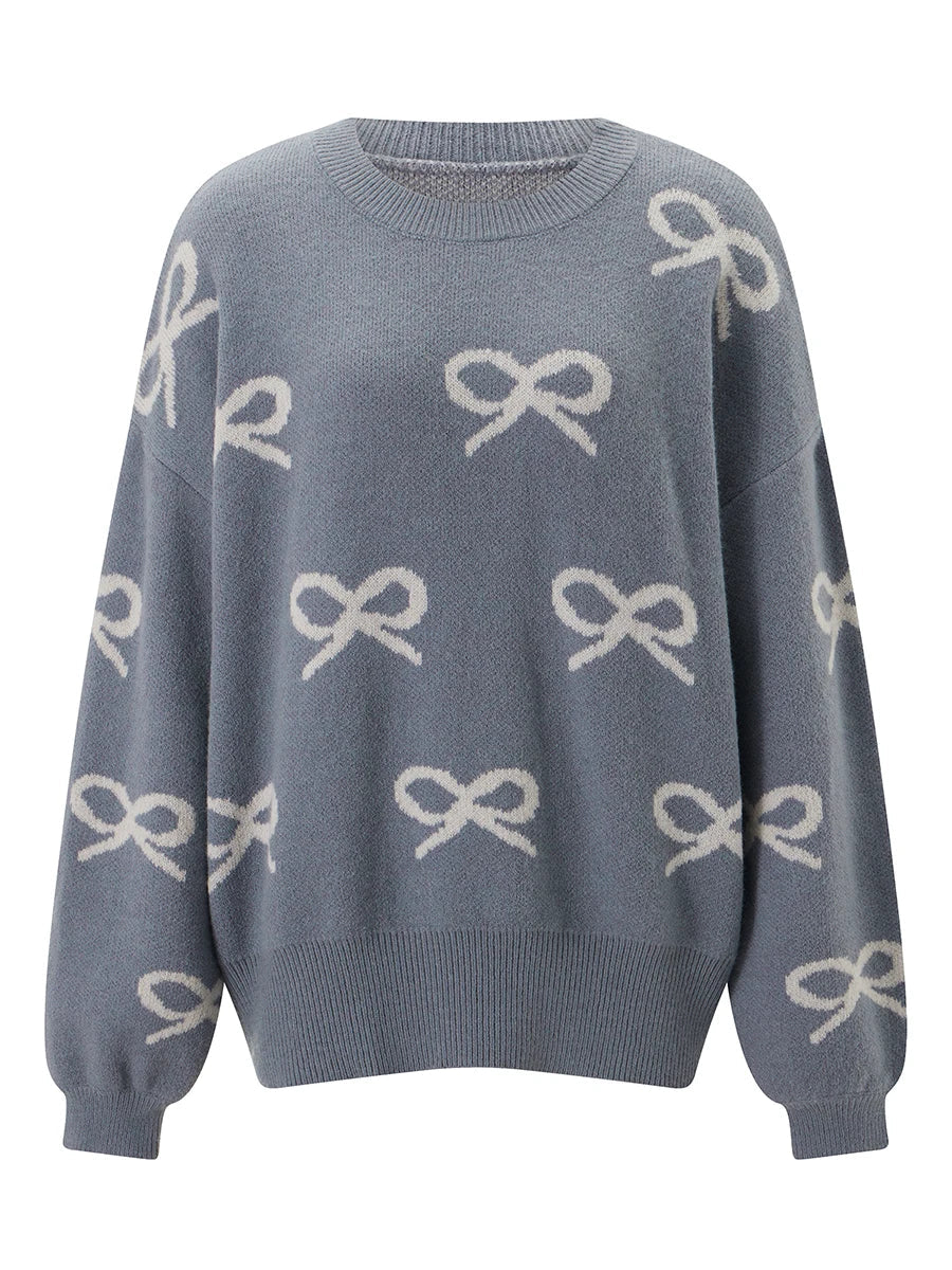 Cozy Chill Season Bow Print Long Sleeve Sweater