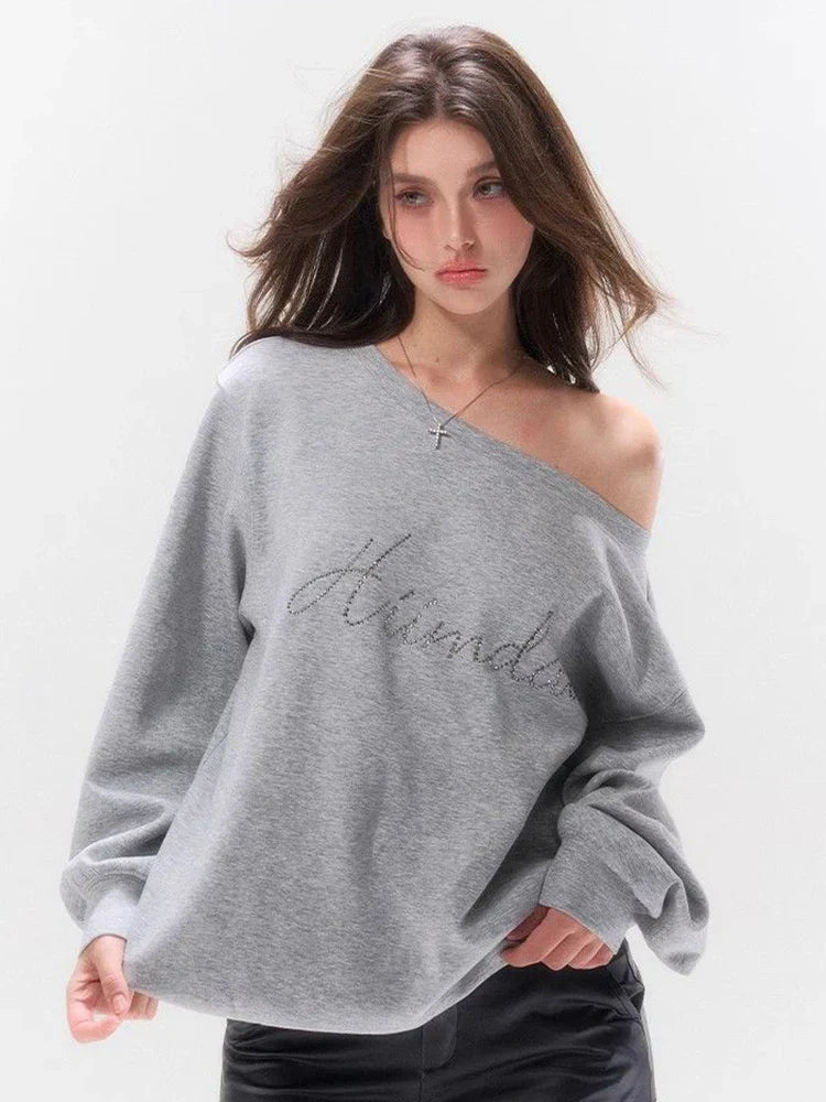 Women Gray Letter Diamonds Off-Shoulder Sweatshirt
