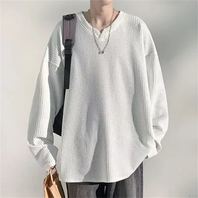 Men's Cool Solid Color Jacquard Waffle Casual Sweater