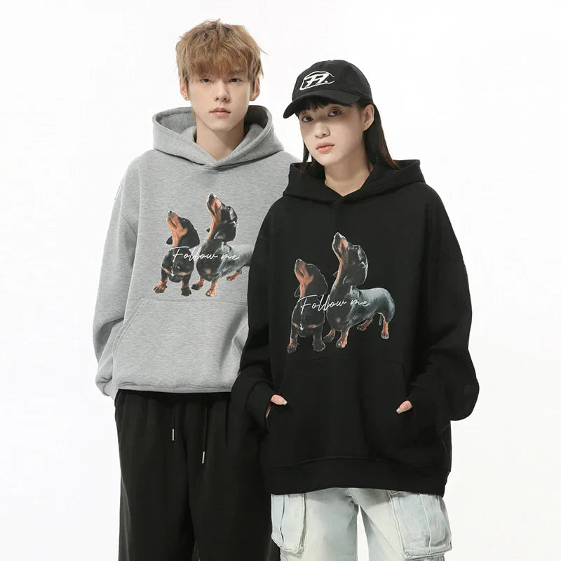 Solid Color Dog Print Hoodie