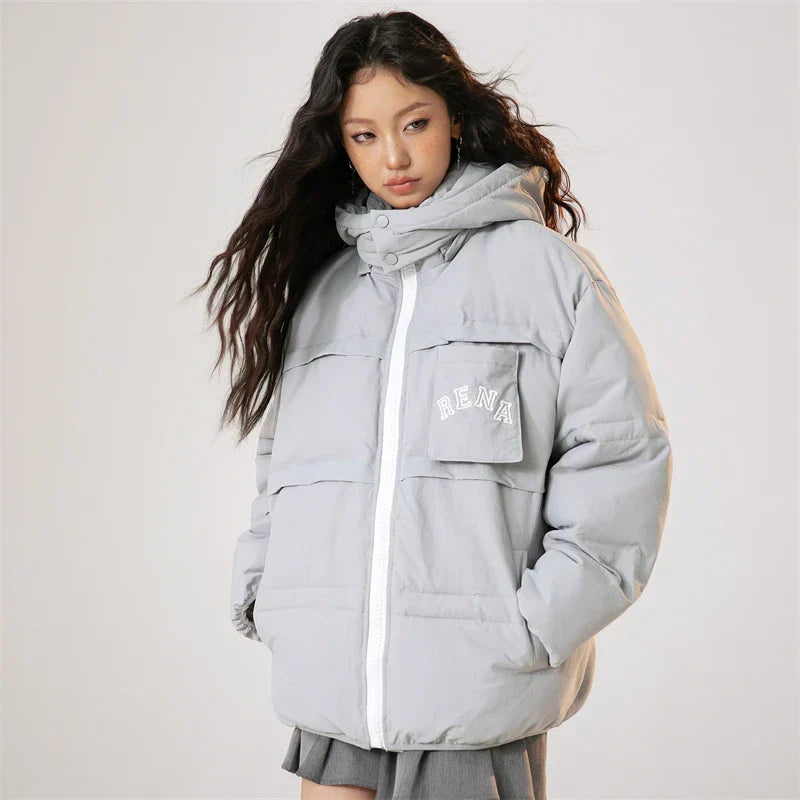 Solid Hooded Collar Puffer Jacket