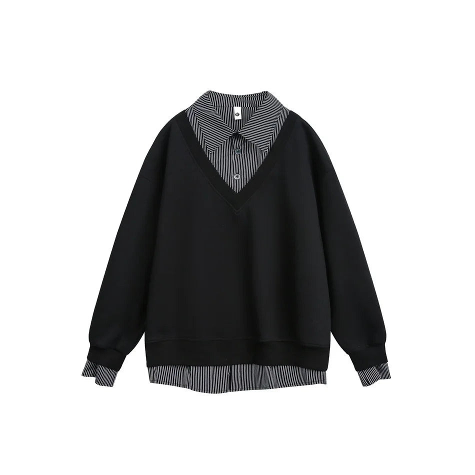 Flattering Casual Loose Striped Polo Sweatshirt