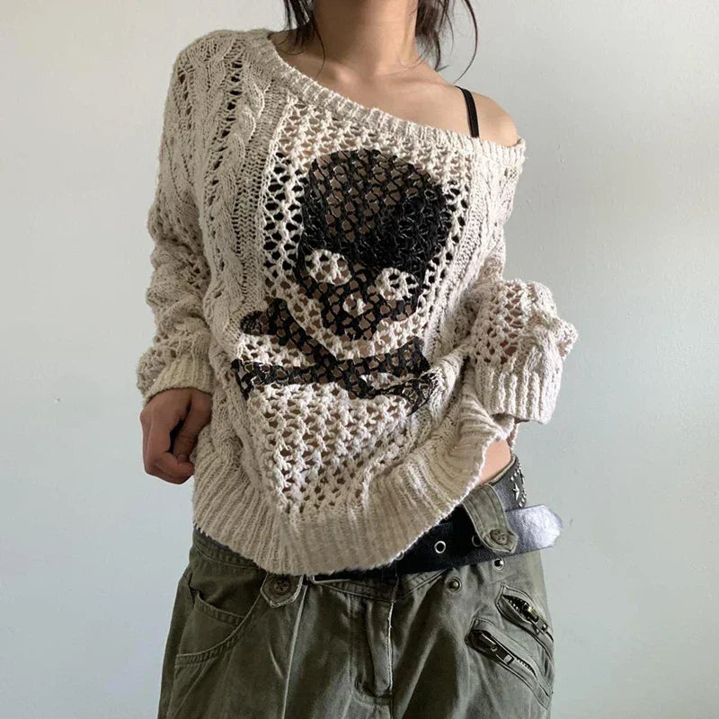 Y2K Skull Graphic Distressed Knit Sweater