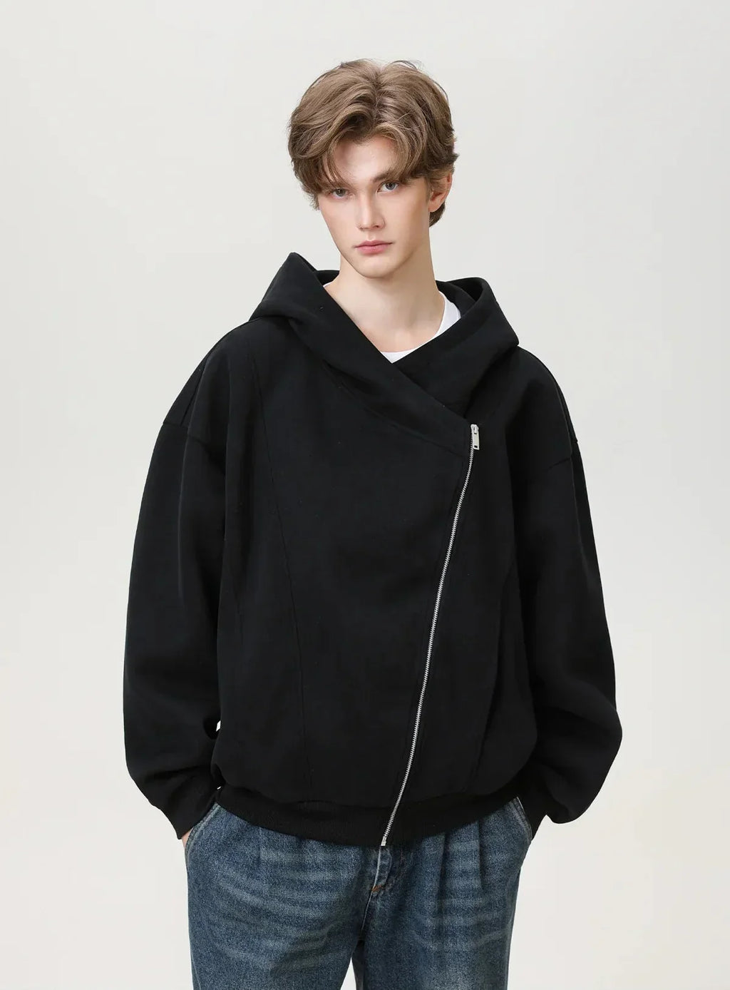 Textured Slant Zipper Hooded Sweatshirt