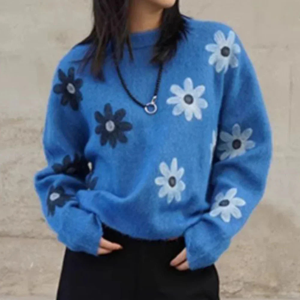 Luxury Blue Round Neck Pullover Sweater