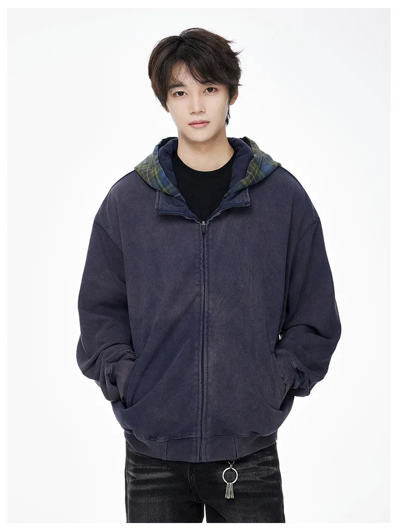 Vintage Streetwear Plaid Zipper Cool Hooded Sweatshirt