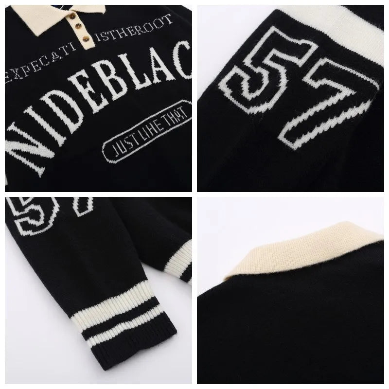Retro Black Letter Print Polo Sweater
