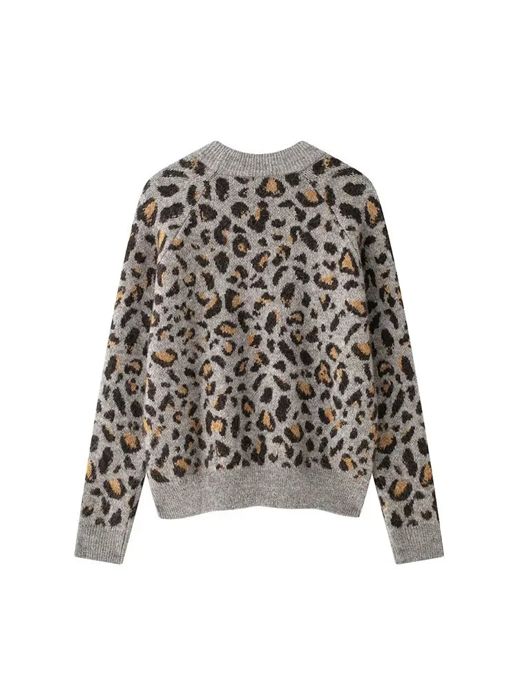 Leopard Knit Casual Cropped Sweater
