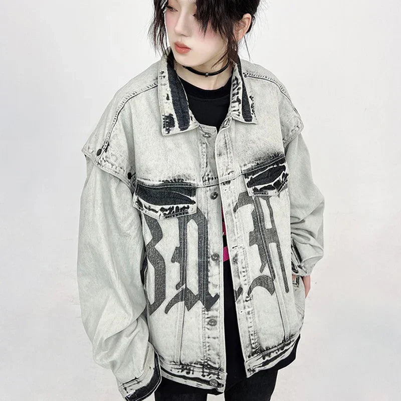Washed Gray Oversize Letter Work Denim Jacket