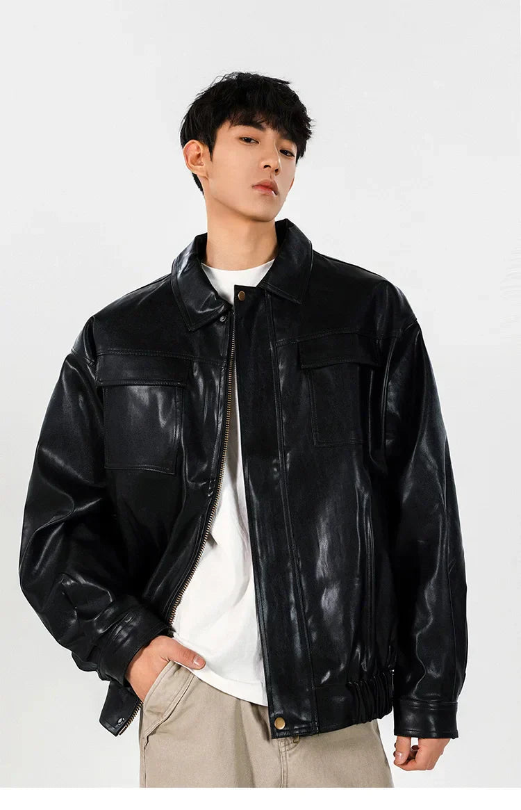 Classic Vintage Loose Fit Leather Bomber Jacket