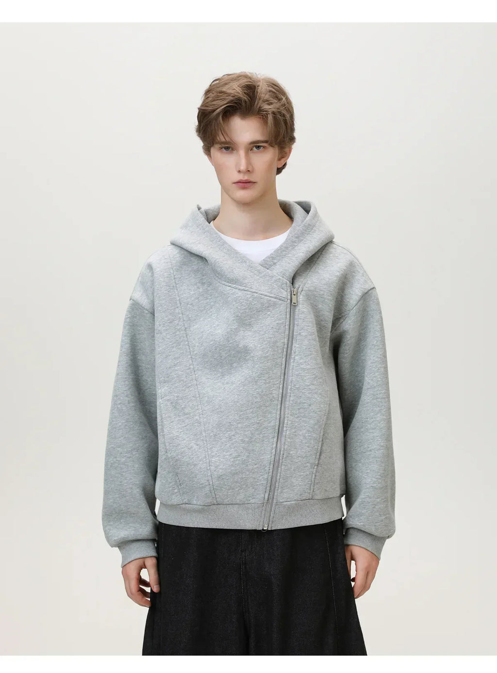 Textured Slant Zipper Hooded Sweatshirt