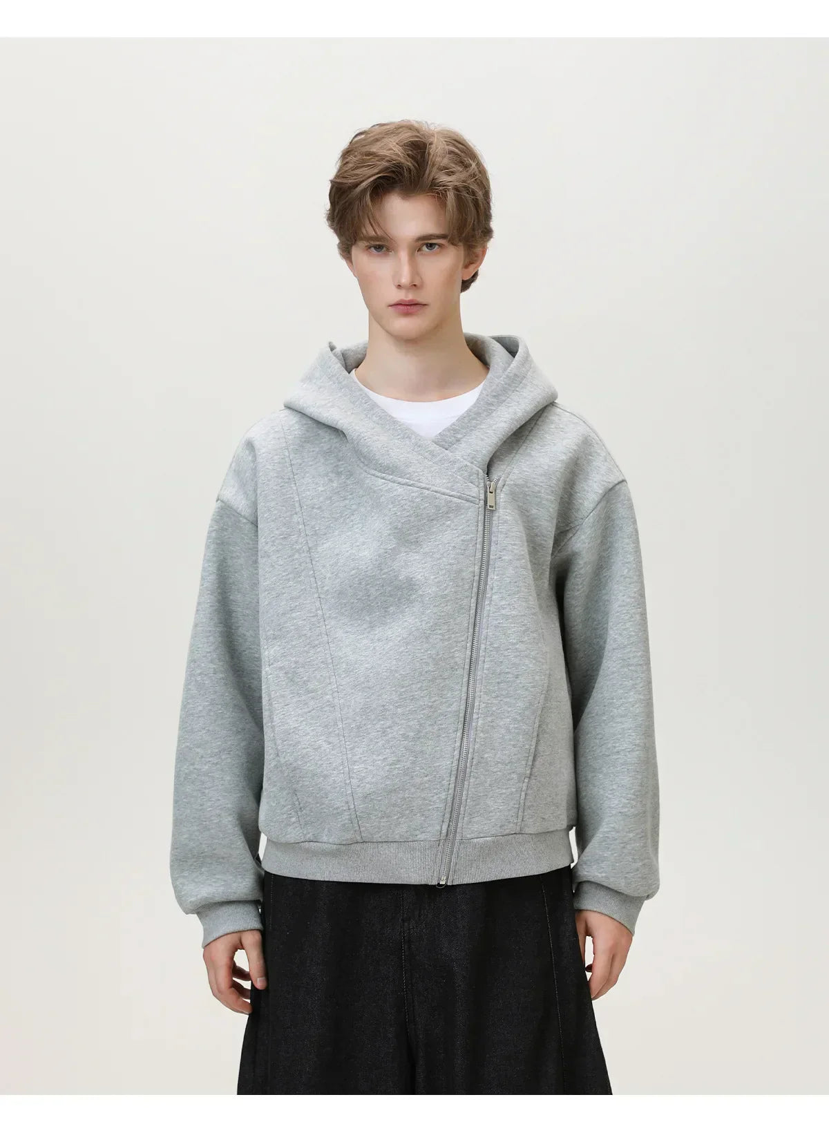 Textured Slant Zipper Hooded Sweatshirt