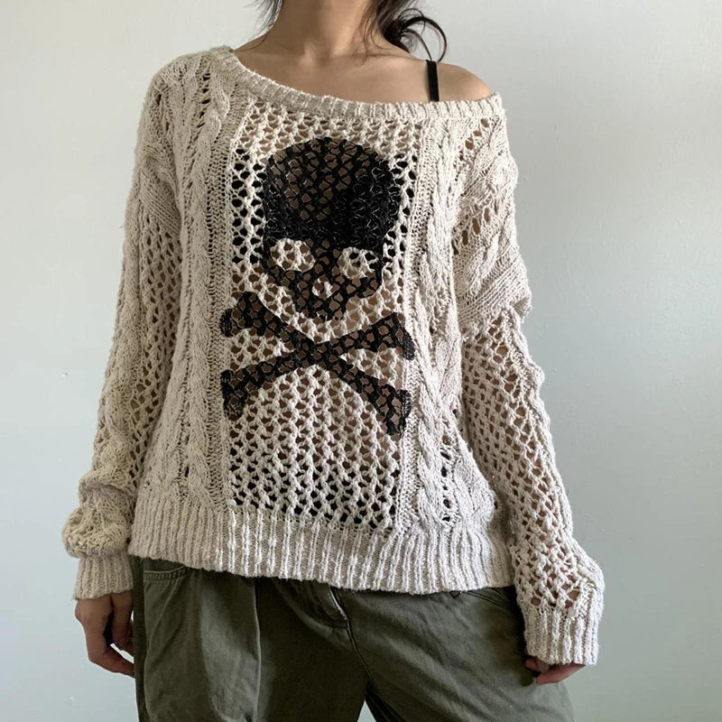 Y2K Skull Graphic Distressed Knit Sweater