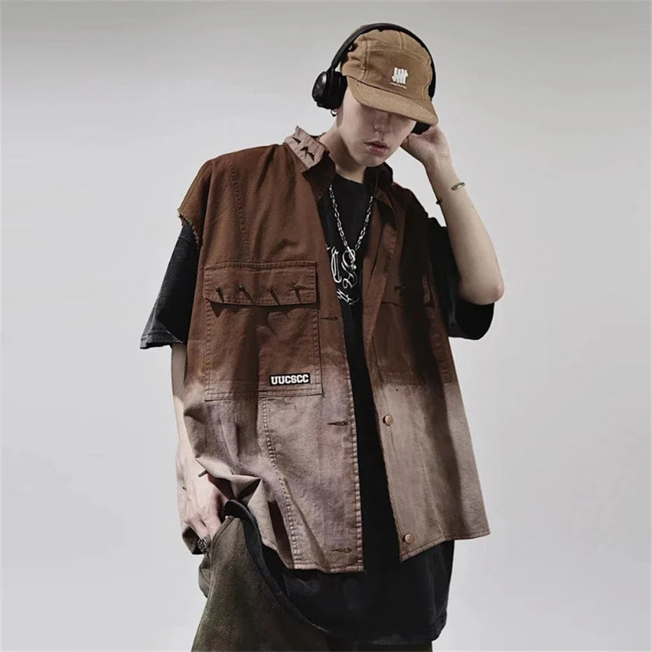 Rivet Design Gradient Sleeveless Denim Jacket