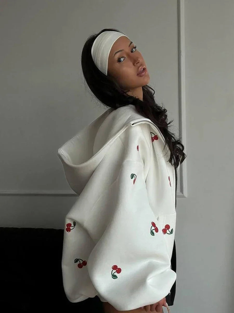 Cherry Print Oversized Zip-Up Hoodie Sweatshirt