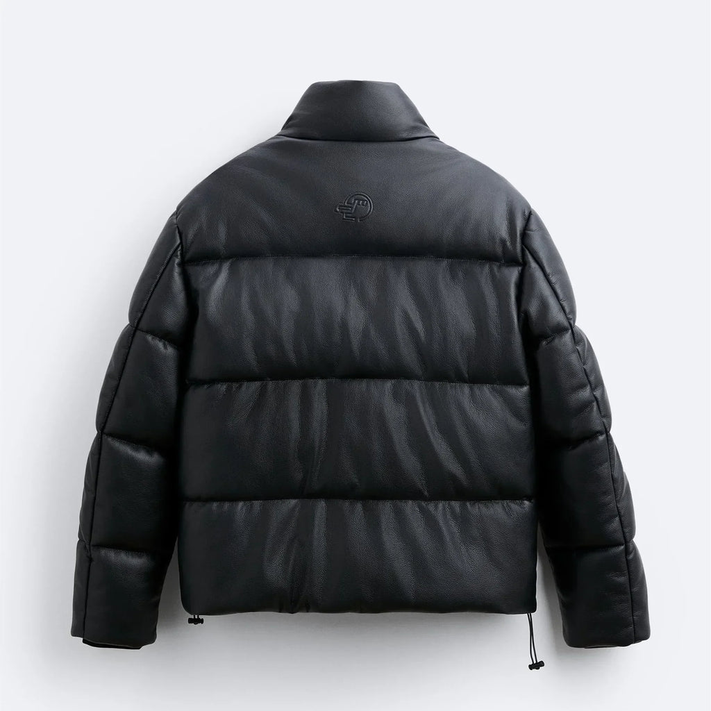 Thick Faux Leather Standing Collar Jacket