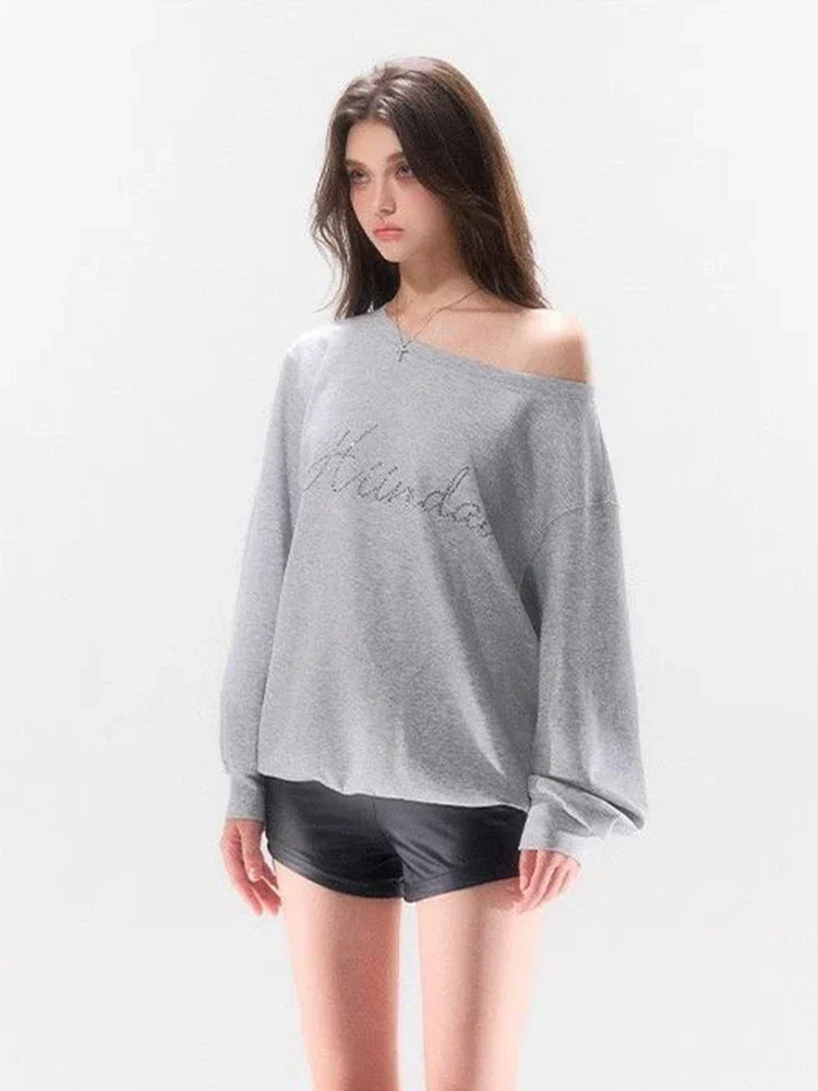 Women Gray Letter Diamonds Off-Shoulder Sweatshirt