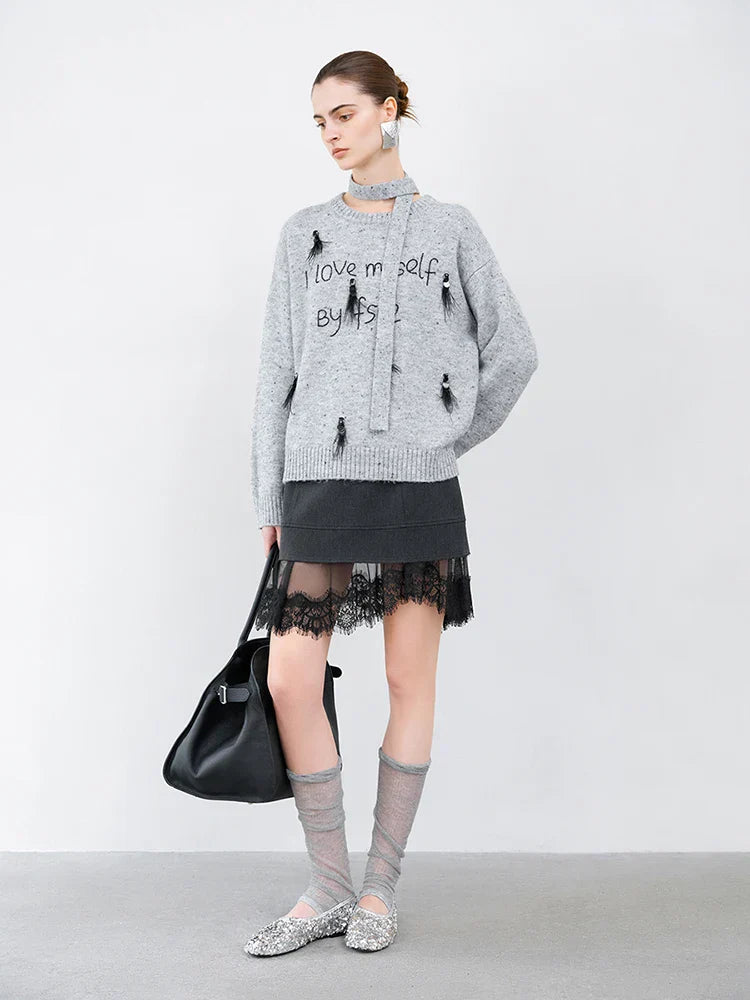 Women Luxury Ostrich Hair Embroidered Knit Sweater