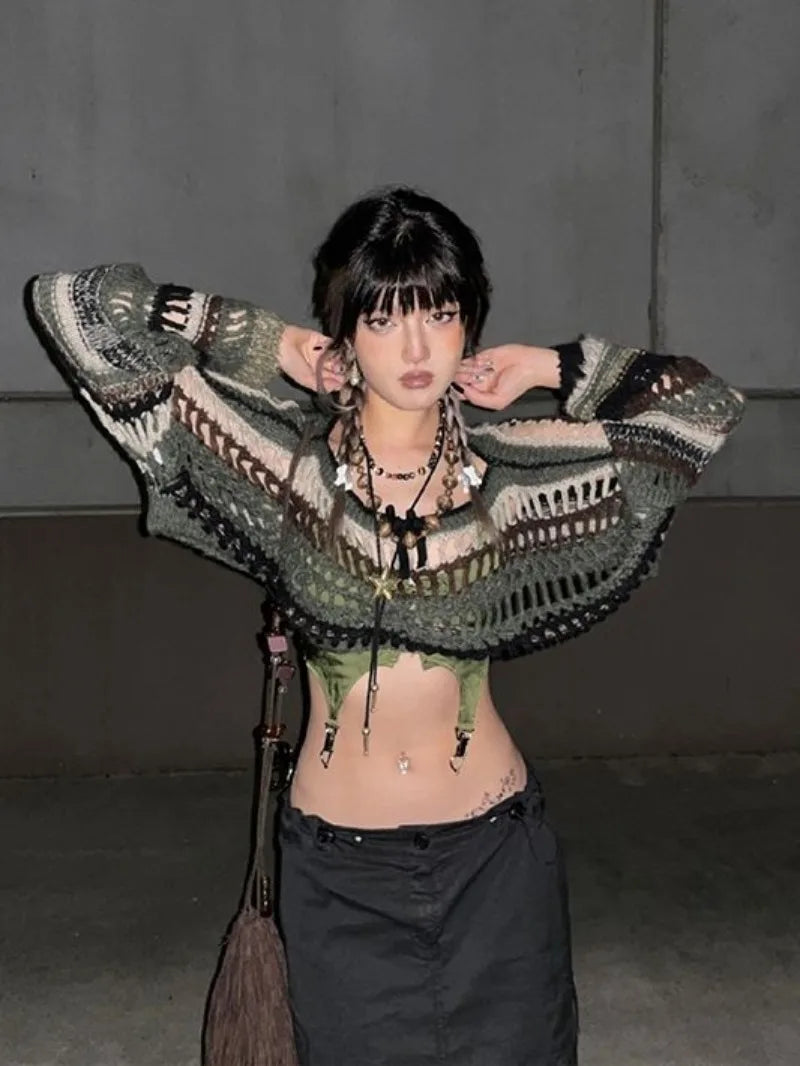 Green Stripe Hollow Out Knit Sweater