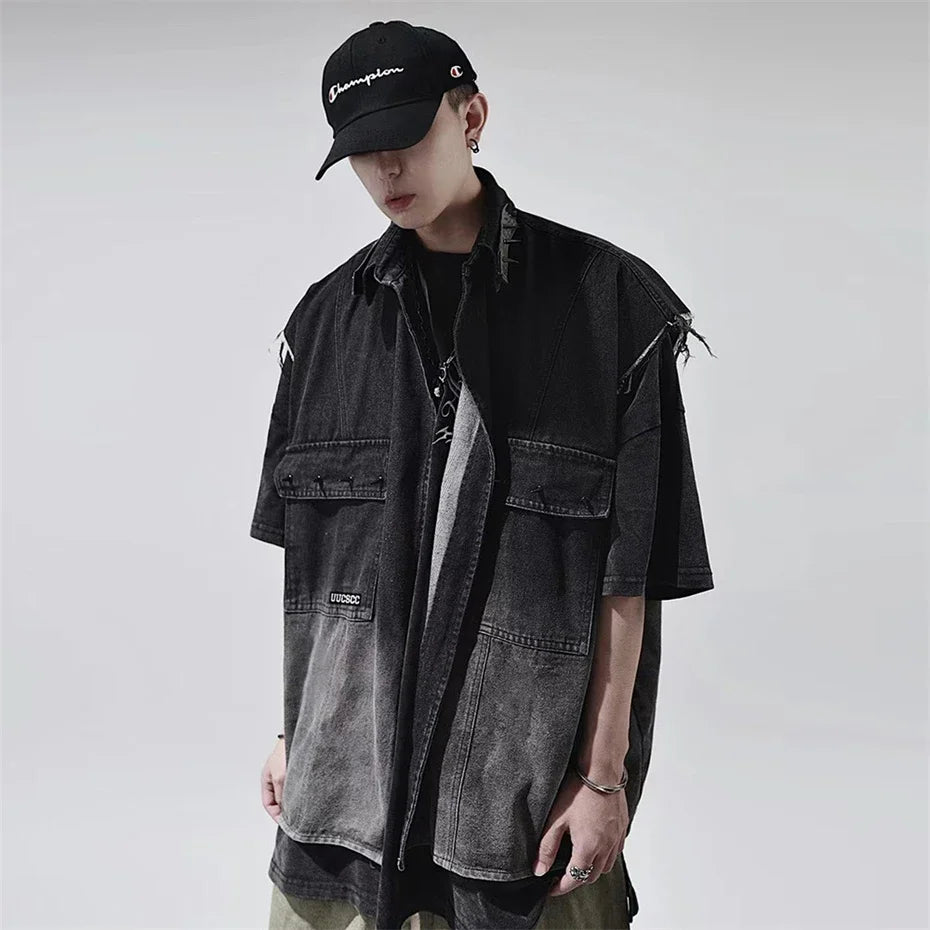 Rivet Design Gradient Sleeveless Denim Jacket