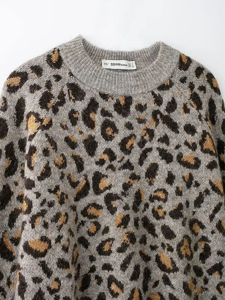 Leopard Knit Casual Cropped Sweater