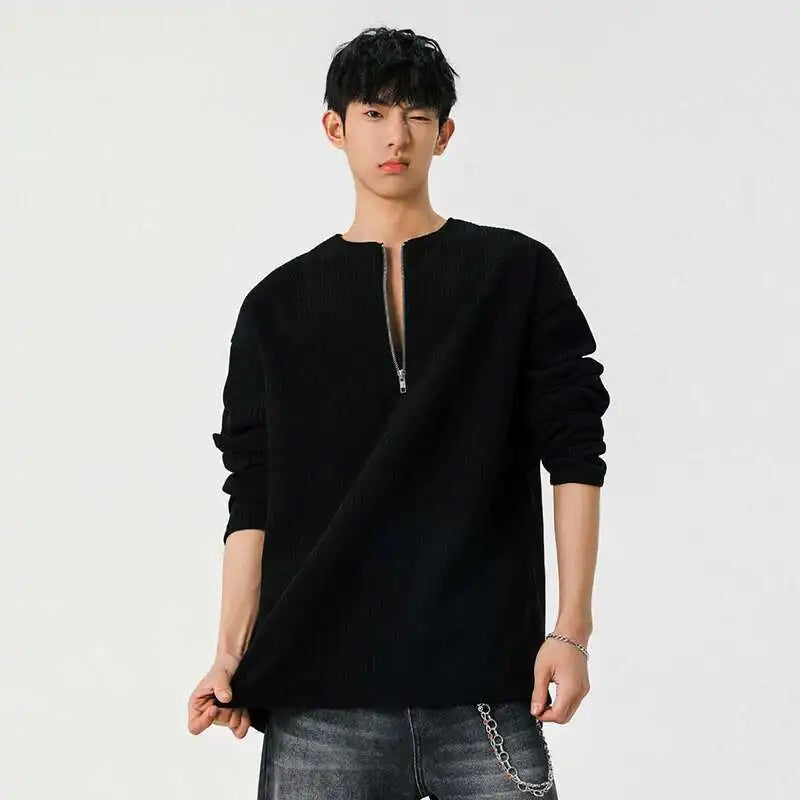 Half Zipper O-neck Long Sleeve Sweater