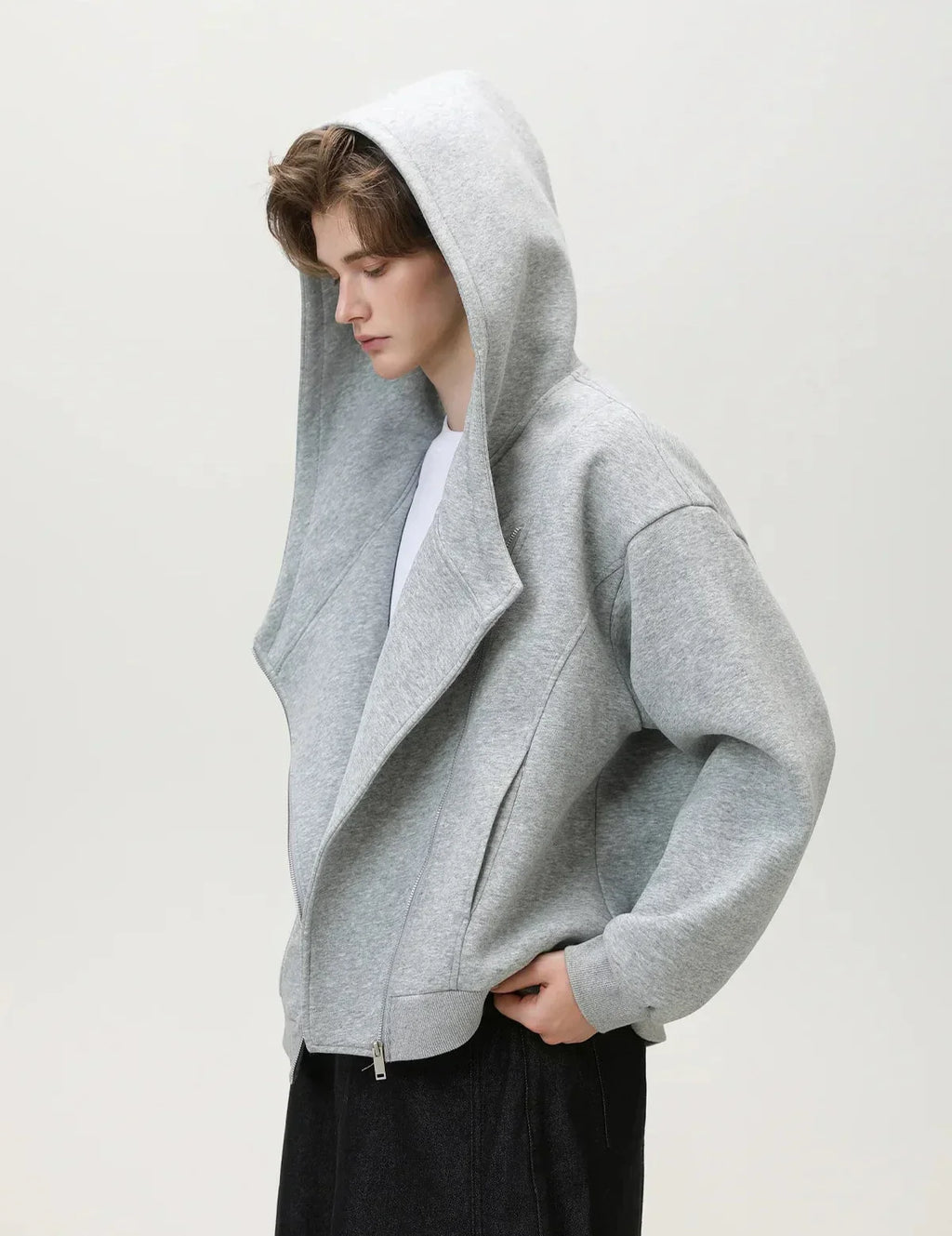 Textured Slant Zipper Hooded Sweatshirt