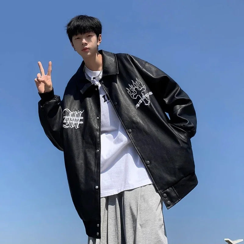 Vintage Embroidered PU Baseball Leather Jacket