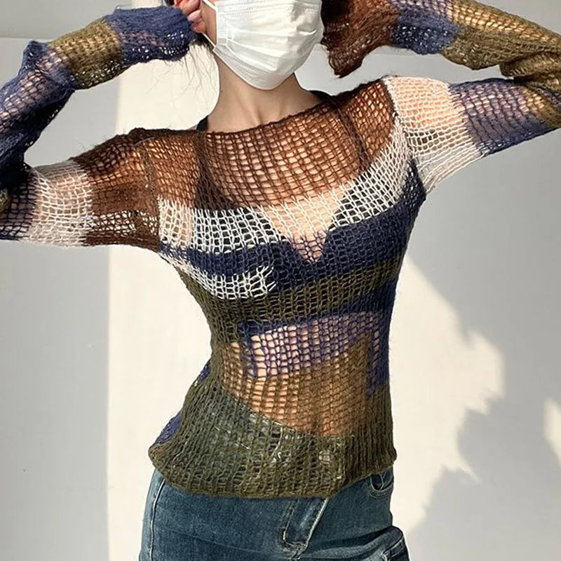 Contrasting Colors Hollow Backless Striped Sweater