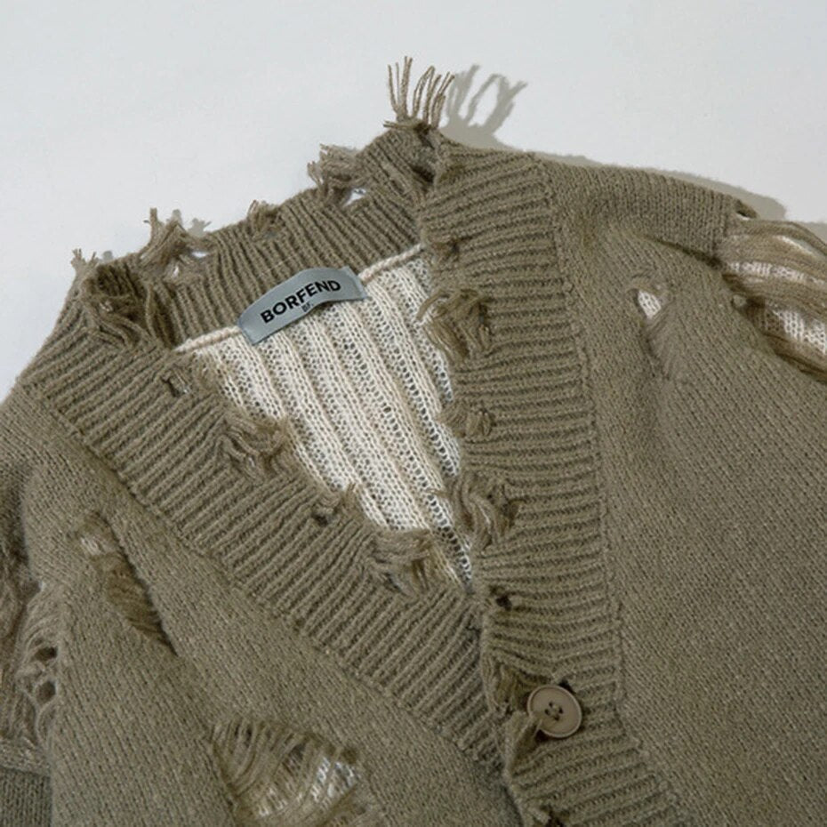 Y2K Ripped V-neck Knitted Cardigan