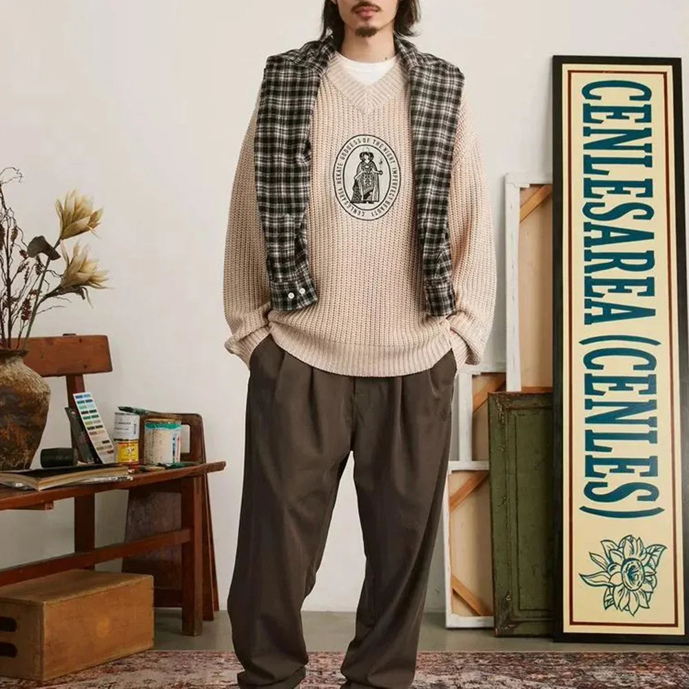 Classic Knitted Letter Badge V-Neck Sweater