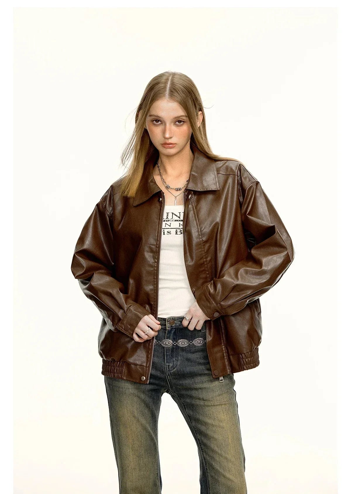 Women Cool High End Solid Color Leather Jacket