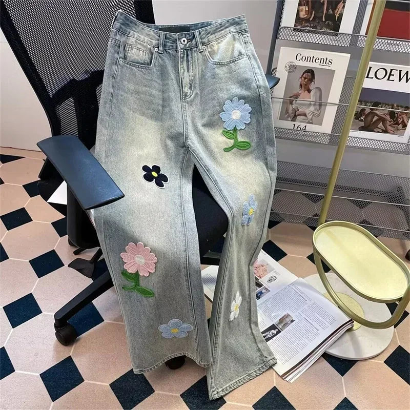 Retro Flower Embroidered Jeans