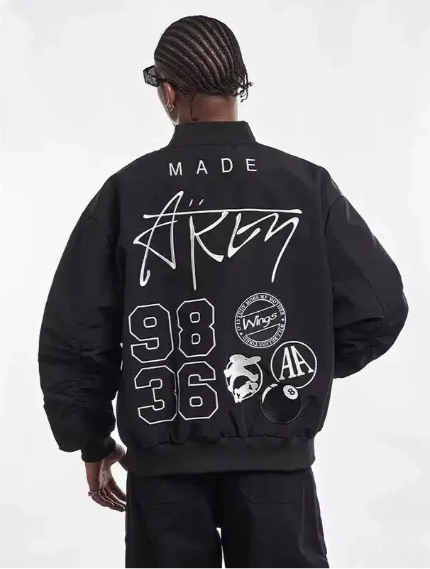 Men Black Hip Hop Vintage Embroidered Pilot Jacket