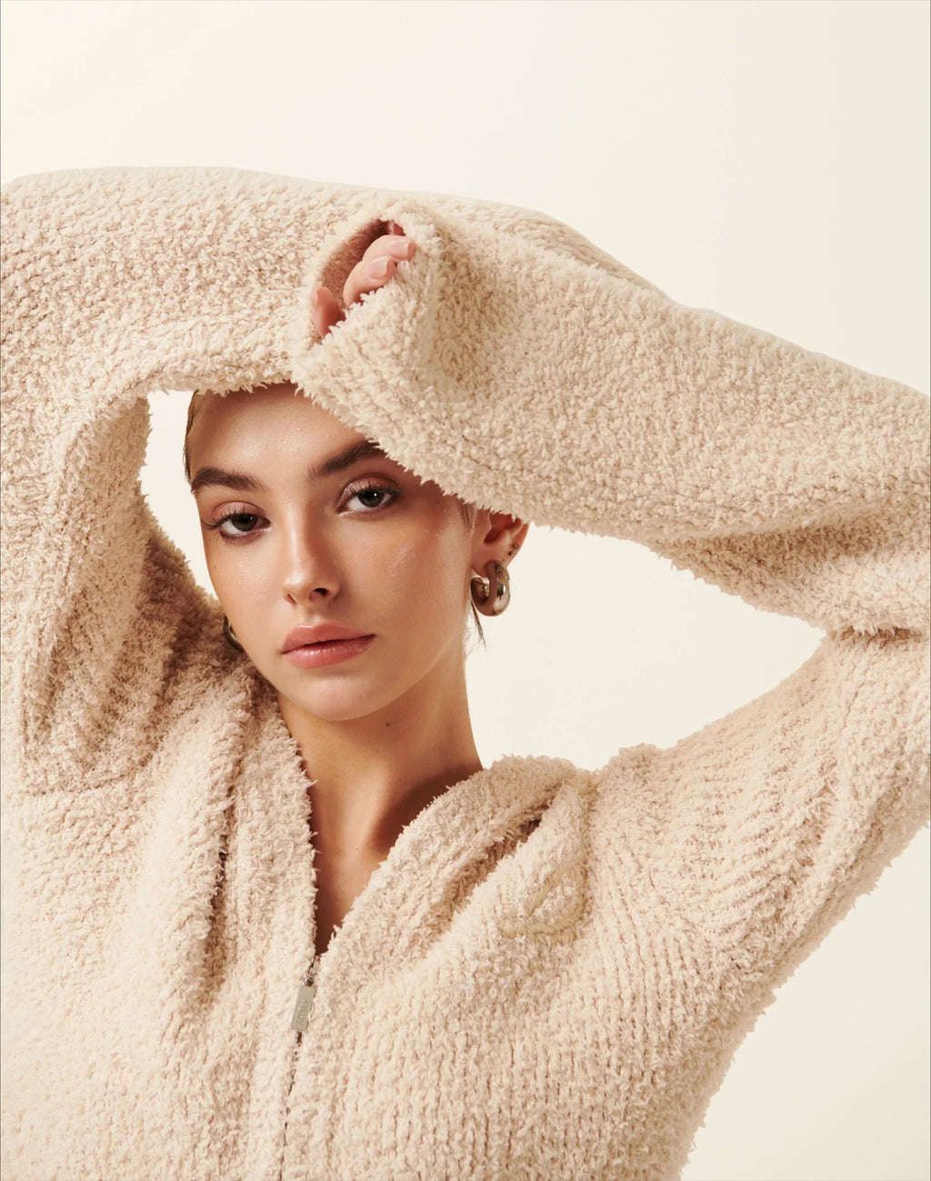 Cozy Vintage Brown Plush Hooded Puffer Sweatshirt