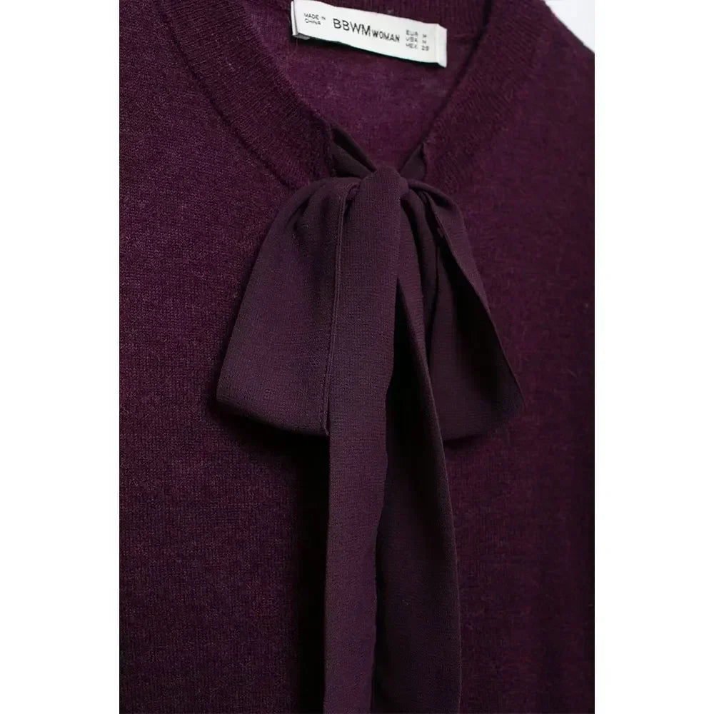 Purple Knitted Lace-Up Cardigans with Bowknot
