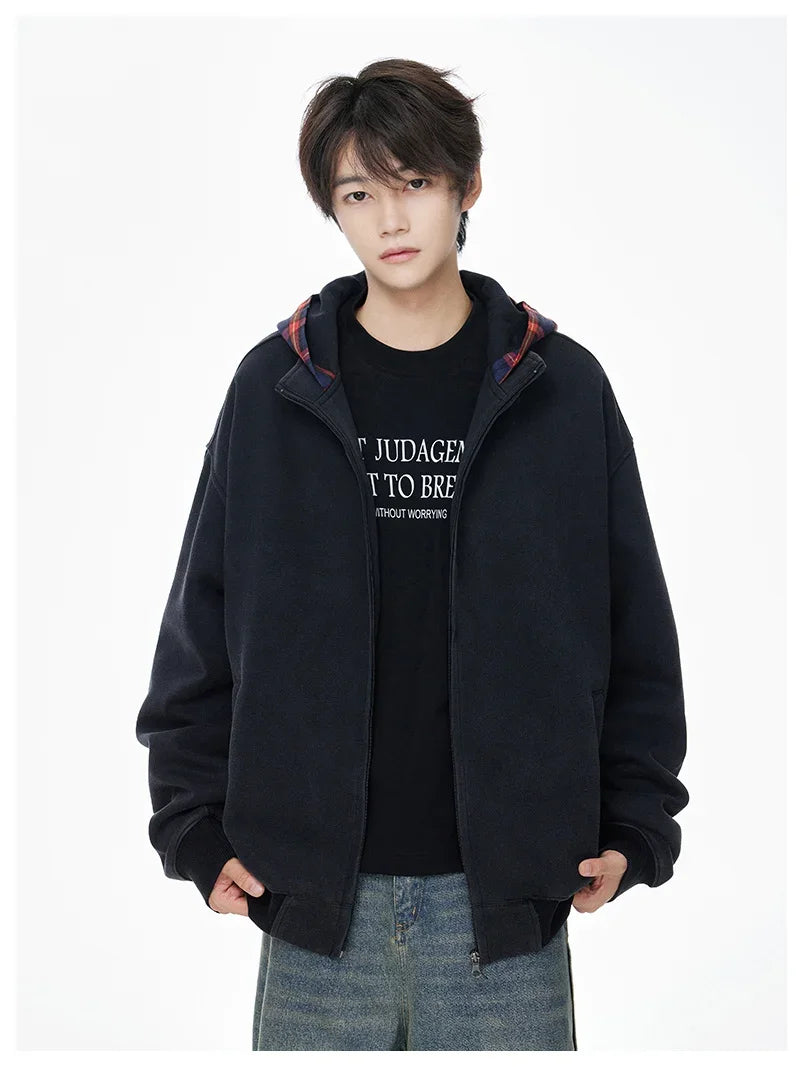 Vintage Streetwear Plaid Zipper Cool Hooded Sweatshirt