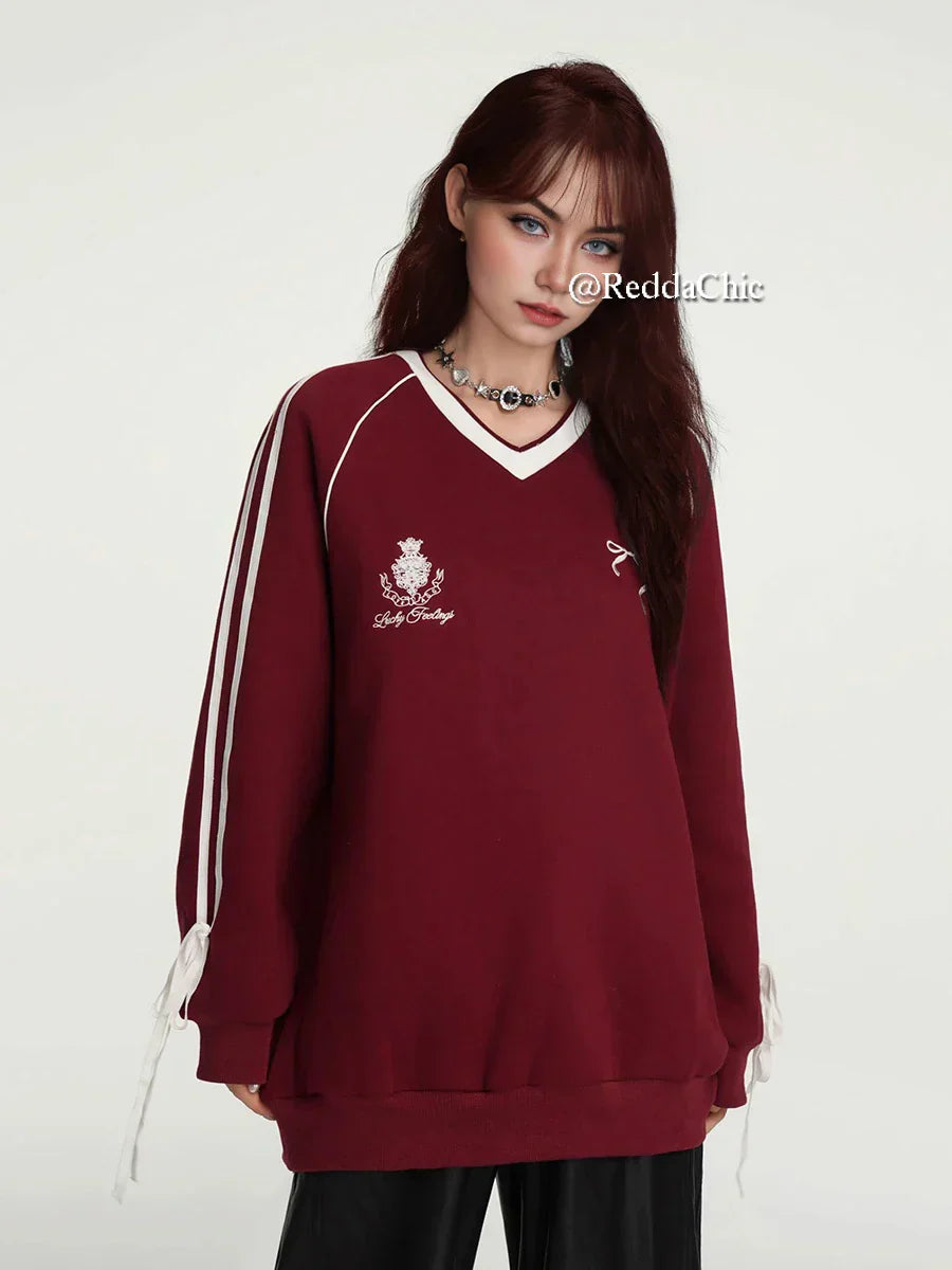 Retro Red Baseball Stripe Fleece Sweatshirt