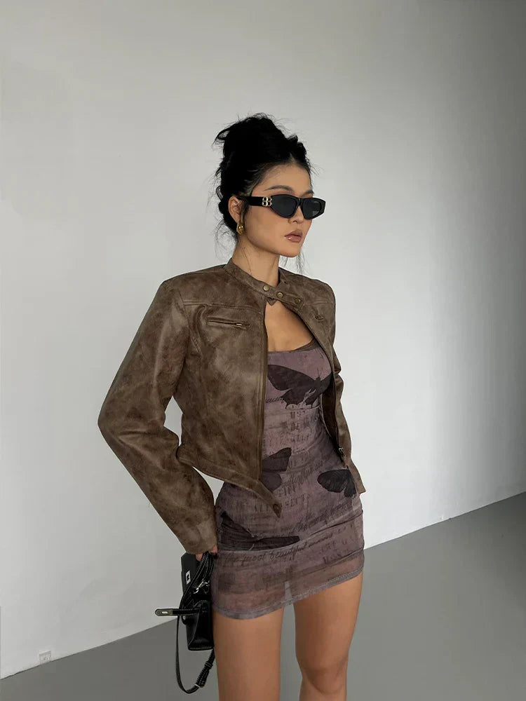 Women Retro Slim Stand Collar Leather Jacket