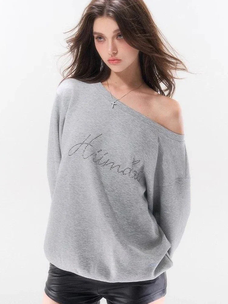 Women Gray Letter Diamonds Off-Shoulder Sweatshirt