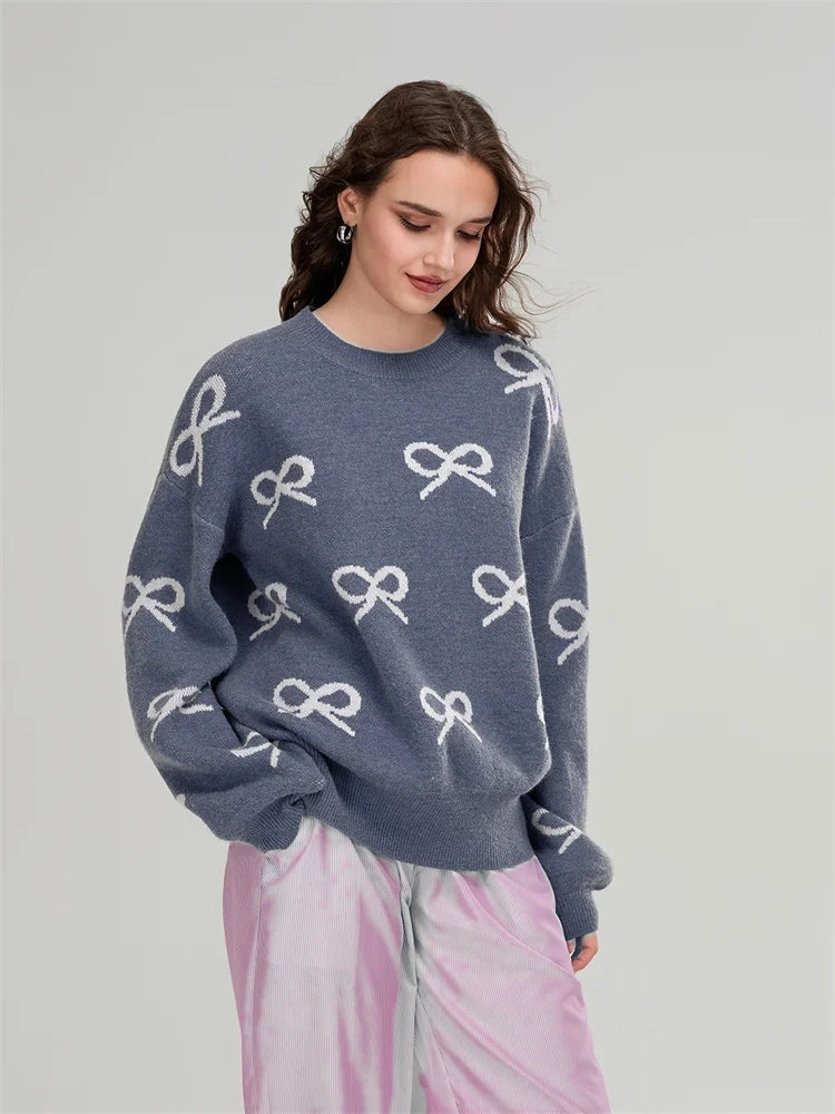 Cozy Chill Season Bow Print Long Sleeve Sweater